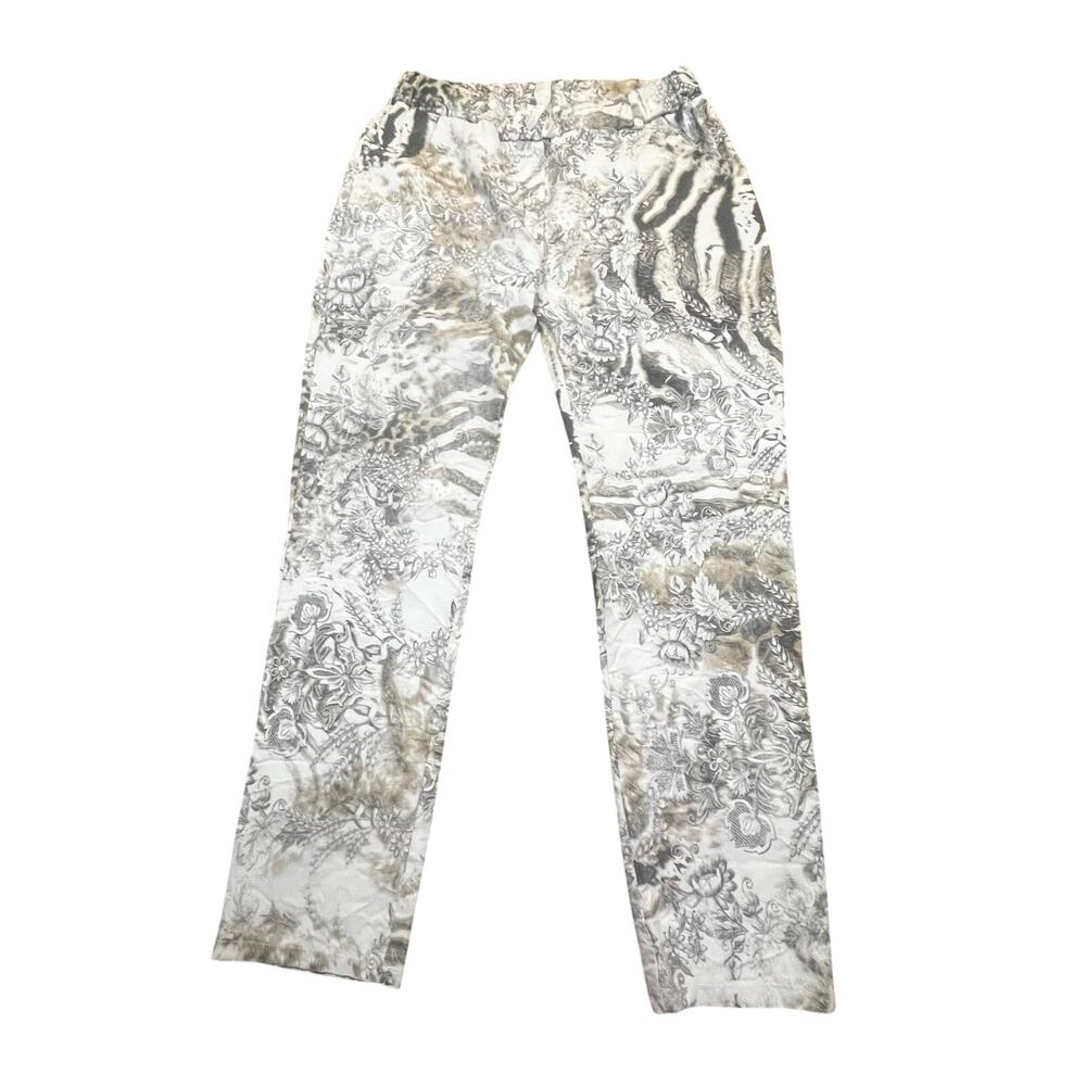 Women L Floral Drawstring‎ Pants White Gray Botanical Print Pull On Casual
